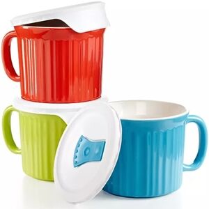 Corningware Colours Stoneware Soup Mugs with Vent Tab Lids Set Of 3 EUC